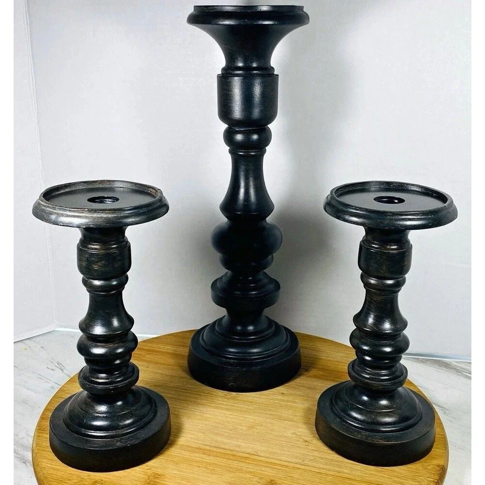 Hobby lobby Set of 3 Black Wood Pedestal Candlestick Holders 13.5” and 8.15”